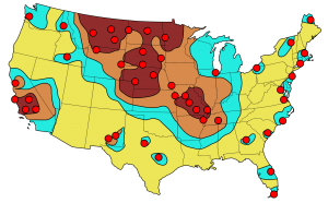 FEMA-estimated primary counterforce targets for Soviet ICBMs. The resulting fallout is indicated, with the darkest zones considered "lethal."